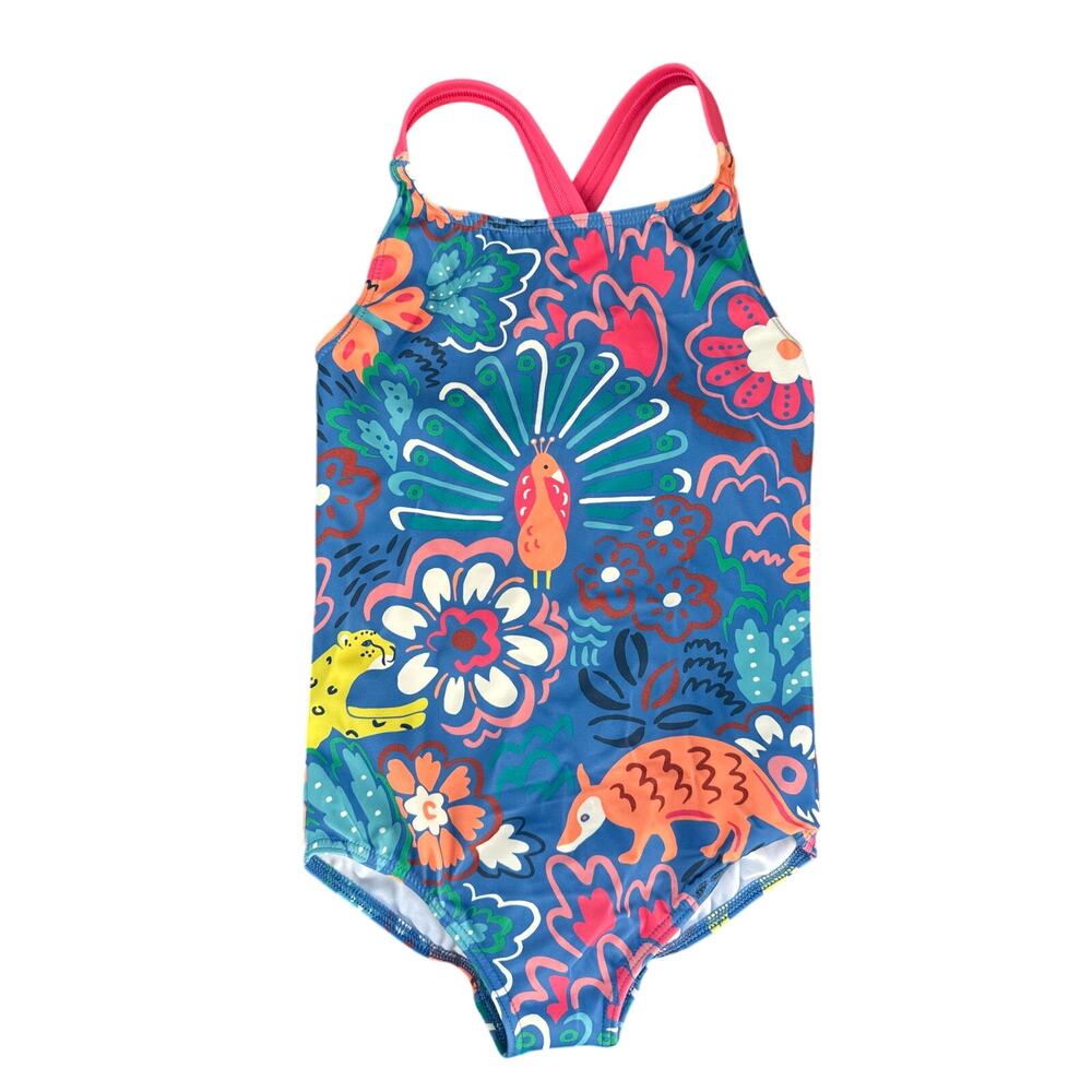 NWT Mini Boden Girls Blue One Piece Floral Rainbow Peacock Swimsuit Size 3-4Y